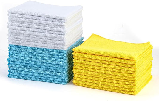 Amazon Basics Microfiber Cleaning Cloths, Ultra Absorbent, Scratch-Free, Highly Absorbent, Non-Abrasive, Reusable and Washable, 16" x 12", Blue/White/Yellow, (Pack of 288)