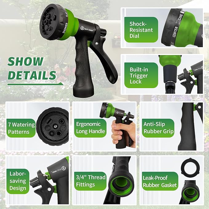 AUTOMAN-Garden-Hose-Nozzle, 2 Pack ABS Water Spray Nozzle with Heavy Duty 7 Adjustable Watering Patterns,Slip Resistant for Watering Plants,Lawn& Garden,Washing Cars,Cleaning,Showering Pets - Green