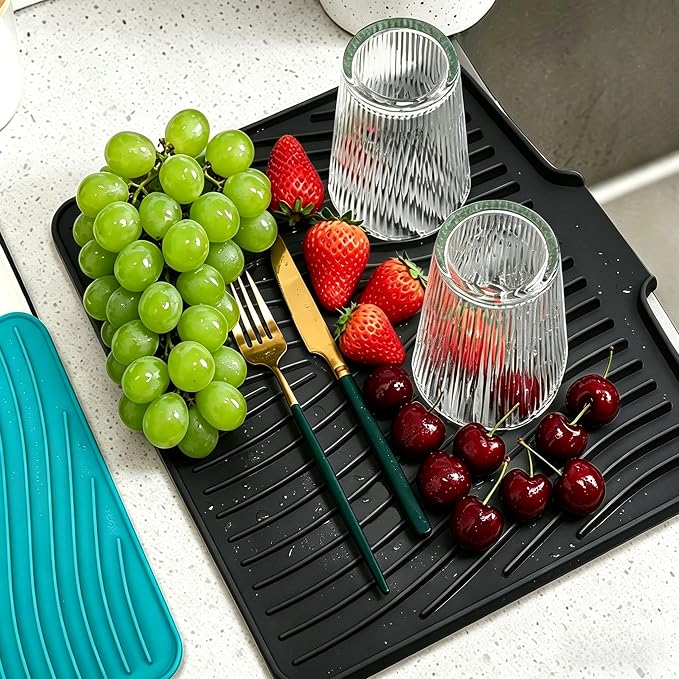 EBIGIC Silicone Dish Drying Mat,15.7"*13 "Dish Drying Pad,kitchen accessories,with Built-In and Non-Slip Drain,easy Clean, fit for kitchen, Bar, RV, Refrigerator and Drawer Liner, Black