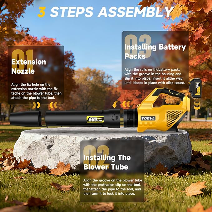 Leaf Blower Cordless, 650CFM Electric Leaf Blowers with 2 x 5.2Ah Batteries and Charger, 3 Speed Modes, 1 x Adjustable Shoulder Strap, Powerful Blowers for Lawn Care, Patio, Dust, Blowing Leaves