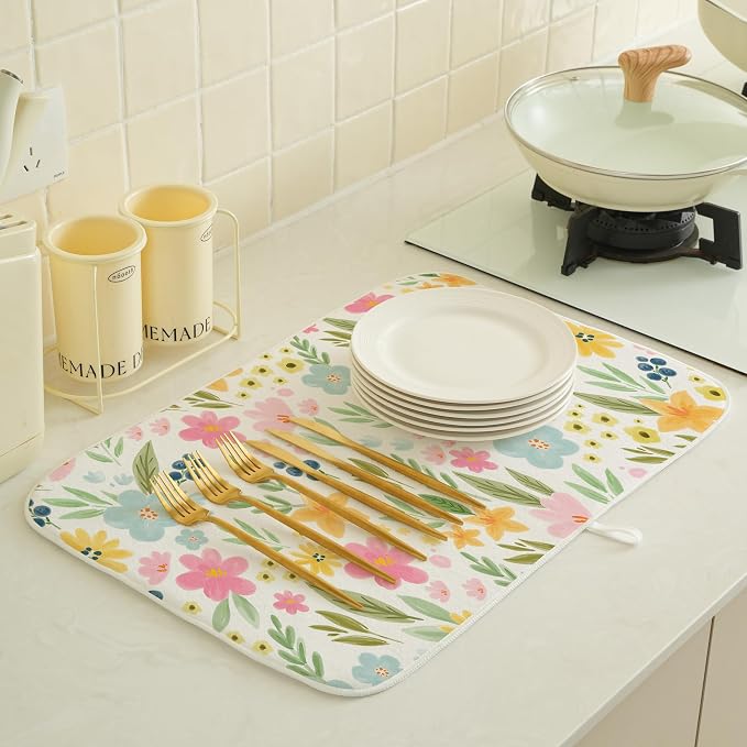 Spring Dish Drying Mat 18x24 Inches For Kitchen Counter Absorbent Pink Yellow Floral Kitchen Decoration Summer Colorful Flower Drying Mat Pad For Home Kitchen,Dining Room,Office Decor