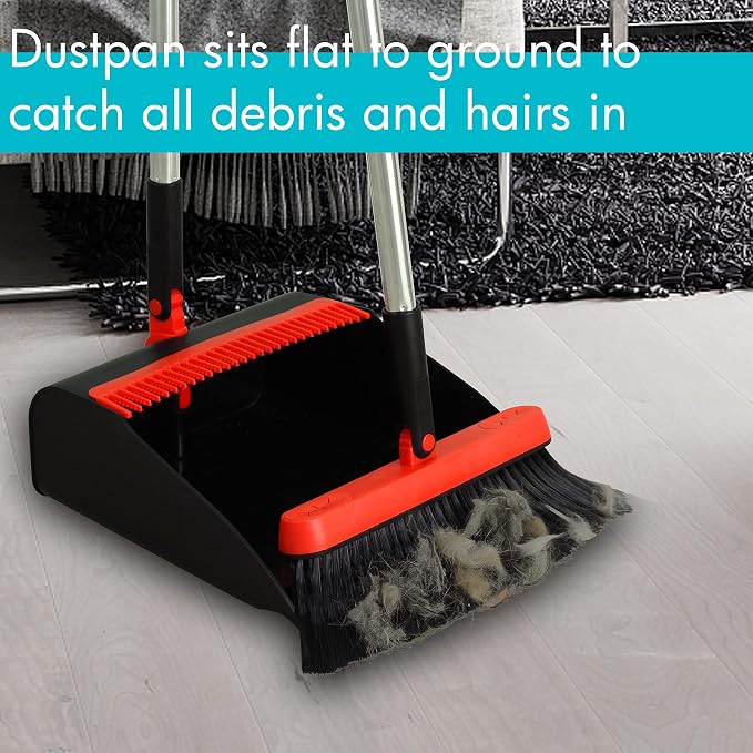 2 Pack Broom and Dustpan Set with 48" Long Handle Black | Stand Up Dustpan with Self-Cleaning Teeth and Long Handle Broom Set for Home, Office, Kitchen and Indoor Outdoor Cleaning