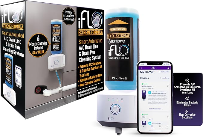 iFLO® Smart A/C Drain Line and Drain Pan Cleaner for HVAC System, Clog-Free, Easy Installation & App-Controlled Air Conditioner Maintenance, Includes 36oz Cleaner Cartridge Concentrate, 6 Month Supply