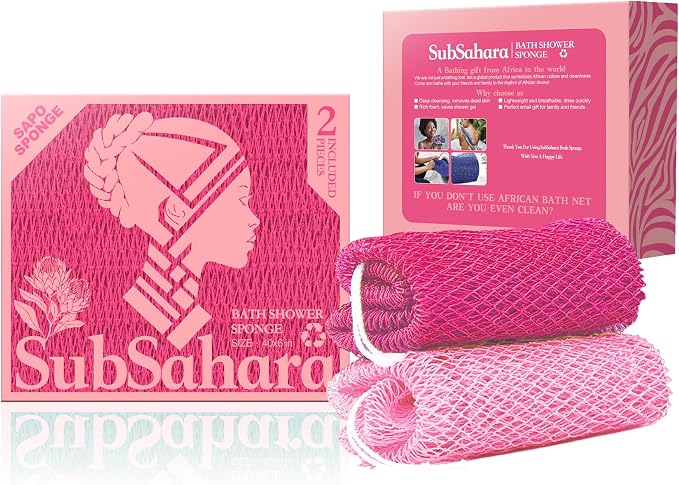 SubSahara Authentic African Net Sponge - 2 Pack Exfoliating Bath & Shower Loofah Sponge for Body & Face, Gentle Scrubber for All Skin Types, Travel, Durable (Dark Pink & Light Pink)