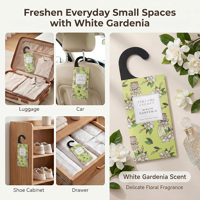 Large 12 Packs White Gardenia Hanging Scented Sachets Long-Lasting Closet Deodorizer Air Freshener Fabric Refresher Odor Eliminator for Drawer Home Fragrance Gift Set