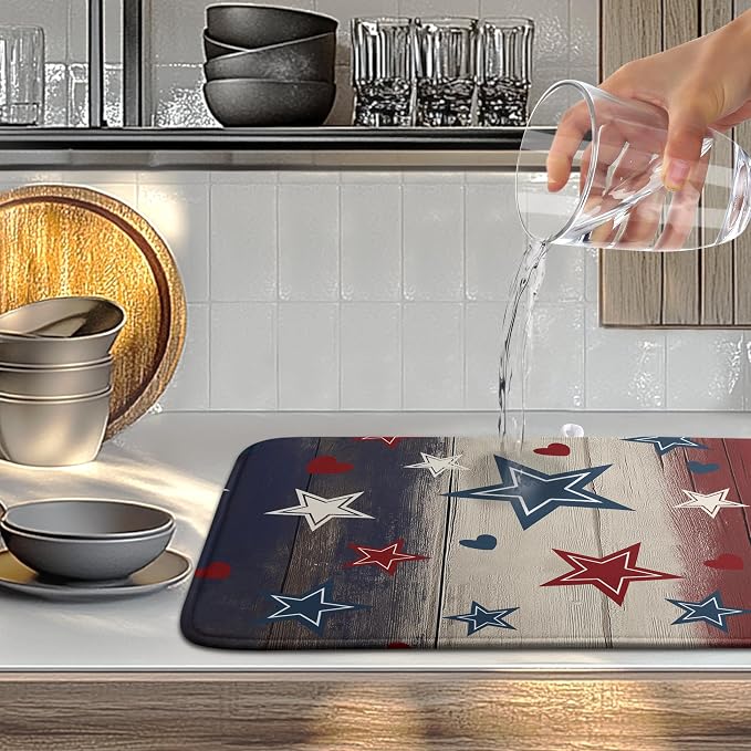 Patriotic Stars Dish Drying Mats 4th of July Dish Mat Blue Red Heart Drying Matt Dishes Dryer Pad for Kitchen Counter Absorbent Microfiber Washable Foldable Reusable 18x24 in