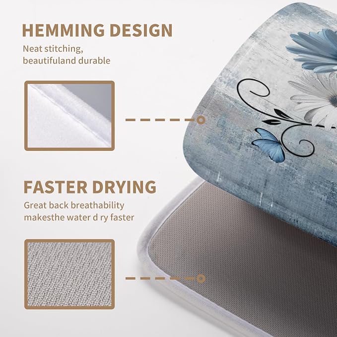 Dish Drying Mat for Kitchen Counter 18x24 Inch Blue Grey Daisy Drying Pads Rustic Vintage Floral Dish Dry Mat Microfiber Absorbent Farmhouse Dish Drainer Mat Flowers Dish Drainer Rack Mat