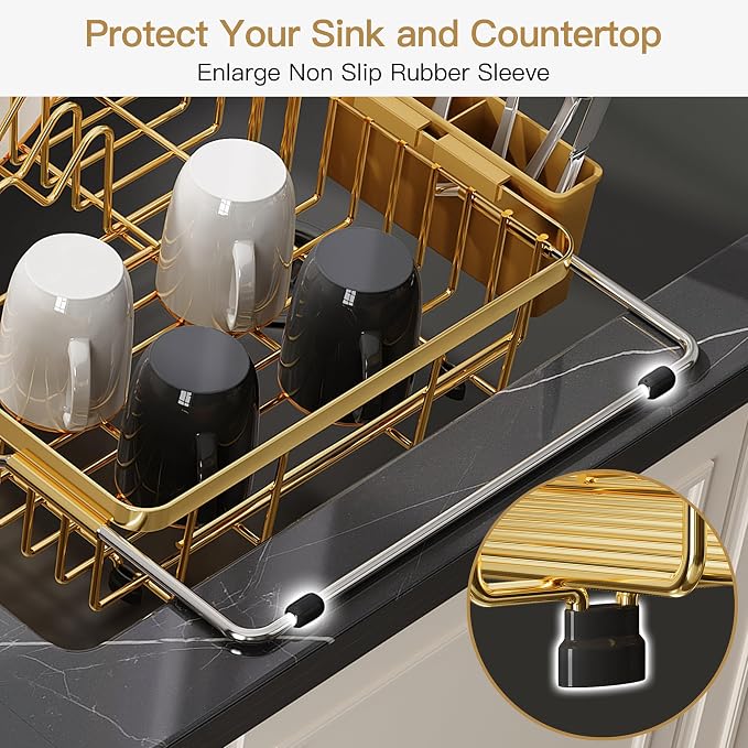 JASIWAY Expandable Stainless Steel Gold Dish Drying Rack Over The Sink for Small Kitchen, Counter Space Saving Compact Plate Drainer Strainer, Adjustable Hanging Metal Dish Dryer with Utensil Holder