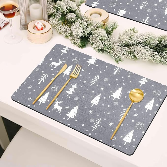 Christmas Dish Drying Mat, 12" x 19" Drying Mat for Kitchen Counter, Super Absorbent Coffee Mats Fits Under Coffee Maker, Kitchen Accessories for Espresso Machine, Gray