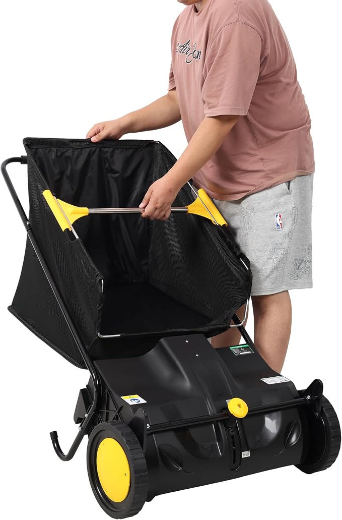 KEIKI 21 Inch Hand Push Lawn Sweeper, Leaf & Grass Collector with Adjustable Brush Height, Pickup Sweeper for Yard Leaf Picker Upper, Large 3.5 Cu. Ft Hopper Bag Capacity, Easy Assembly, Black