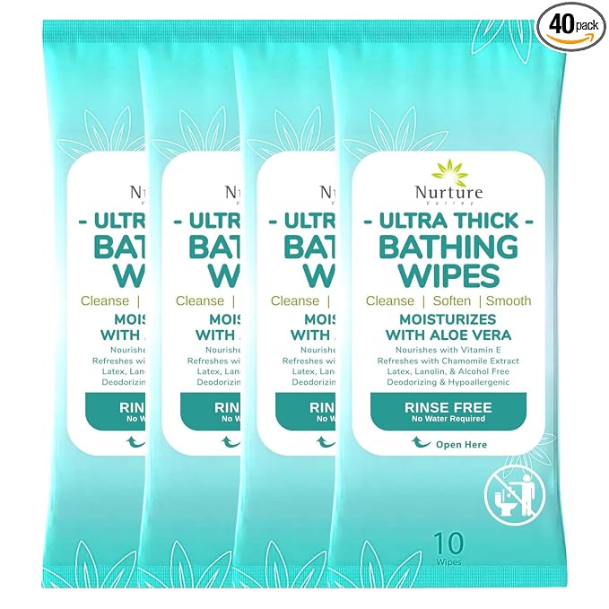 Nurture XL Ultra Thick Body Wipes for Adults with Aloe No Rinse Cleansing | 40 Extra Large Disposable Cloth Wet Cleansing, No Rinse Bathing Washcloths, Waterless Shower Towels for Elderly & Bedridden
