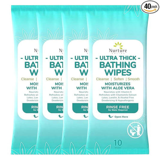 Nurture XL Ultra Thick Body Wipes for Adults with Aloe No Rinse Cleansing | 40 Extra Large Disposable Cloth Wet Cleansing, No Rinse Bathing Washcloths, Waterless Shower Towels for Elderly & Bedridden