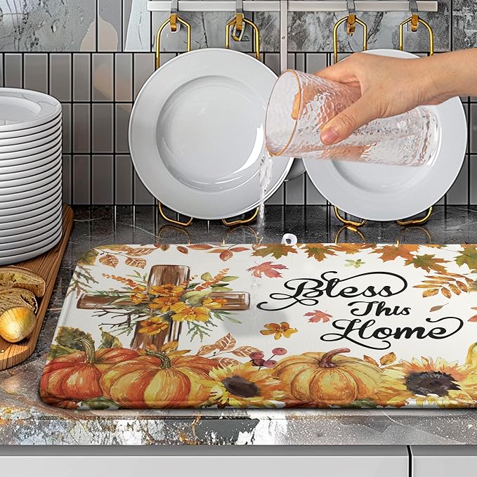 Fall Drying Mat for Kitchen Counter Autumn Thanksgiving Pumpkin Cross Dish Mat Sunflower Maple Leaf Absorbent Microfiber Dish Draining Mat Reusable Dishes Pad Extra Large 18"x24"
