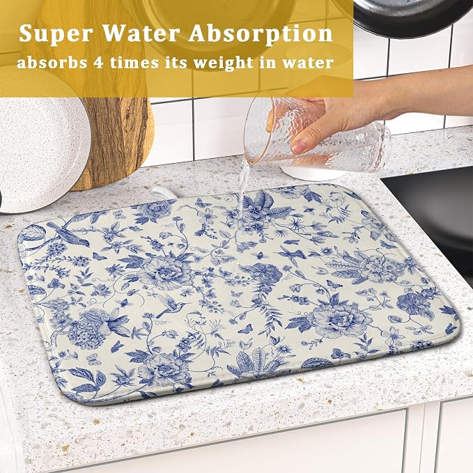 Giwawa Chinoiserie Flower Dish Drying Mat Blue Leaves Dishes Drying Pad Reusable Washable Kitchen Countertop Protector Dish Drainer Mat 16x18 Inch