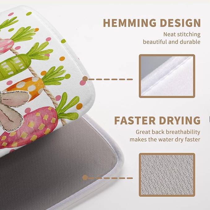 Easter Spring Dish Drying Mats Cute Bunny Dish Mat Easter colorful Carrots Drying Matt Dishes Dryer Pad for Kitchen Counter Absorbent Microfiber Washable Foldable Reusable 18x24 in