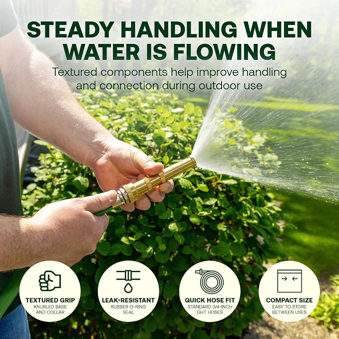 Rain Bird HENZLB5ADJ 5-Inch Lead-Free Brass Twist Adjustable Water Hose End Nozzle - High Pressure Garden Hose Sprayer with Adjustable Stream Pattern, 3/4 in GHT Connection for Outdoor Cleaning