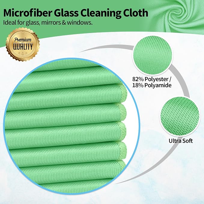 Microfiber Cleaning Cloth, 12 Pack Window Glasses Cleaning Cloth, Reusable Lint-Free Streak Free Polishing Cloth Wipes for Stainless Steel, Eyeglass, Mirror, Screen & Lense, Sage Green