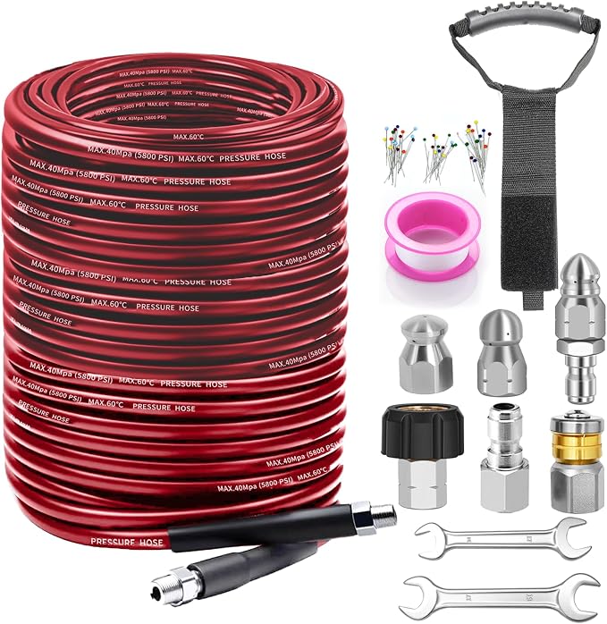 Sewer Jetter Kit for Pressure Washer 200FT, 5800PSI Drain Cleaner Hose with 1/4 Inch NPT Corner, Rotating Nozzle and 4 Different Button Nose Sewer Jet Nozzles, Waterproof Tape and 2 Spanners (Red)