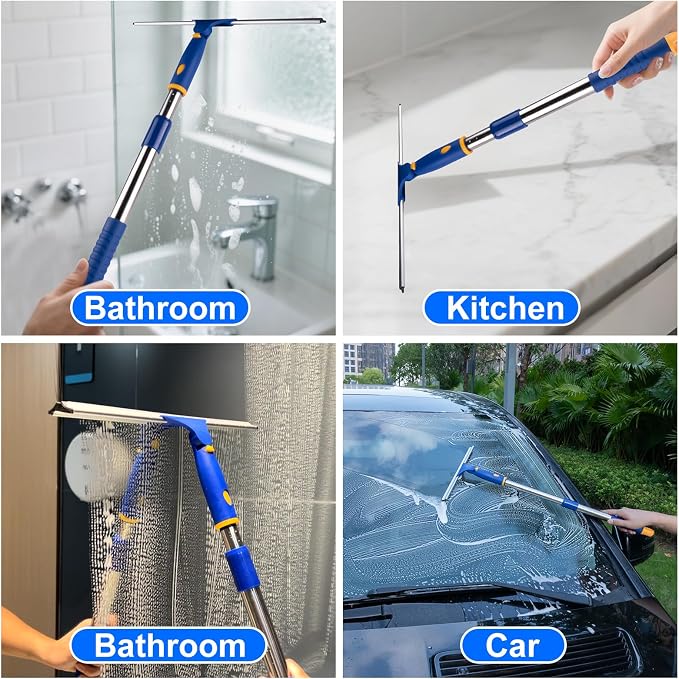 14" Window Cleaning Tool, All-Purpose Extendable Window Squeegee with 2 Blades and Stainless Steel Pole, Shower Squeegee for Glass Doors,Shower Doors, Windows, Bathroom and Car Windshields