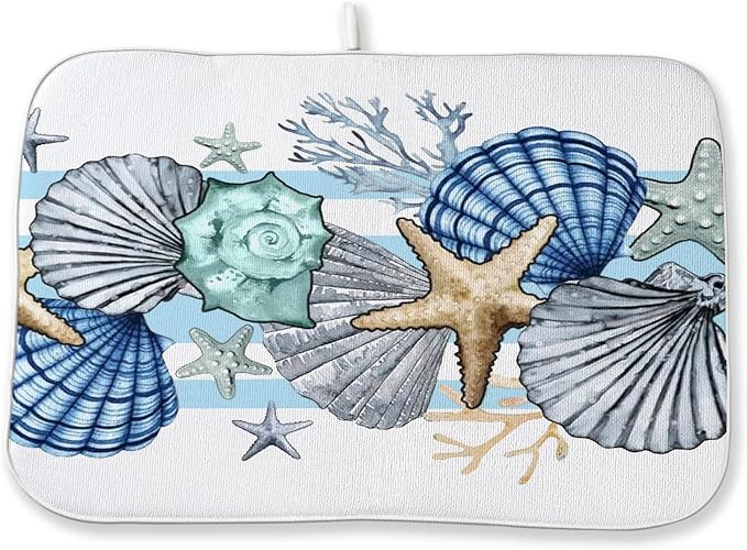 Nautical Coastal Starfish Dish Drying Mat 18x24 Inch Blue Beach Coral Shell Drying Mat for Kitchen Counter Absorbent Seasonal Summer Ocean Dishes Dry Pad for Drainer Rack Kitchen Fast Dry