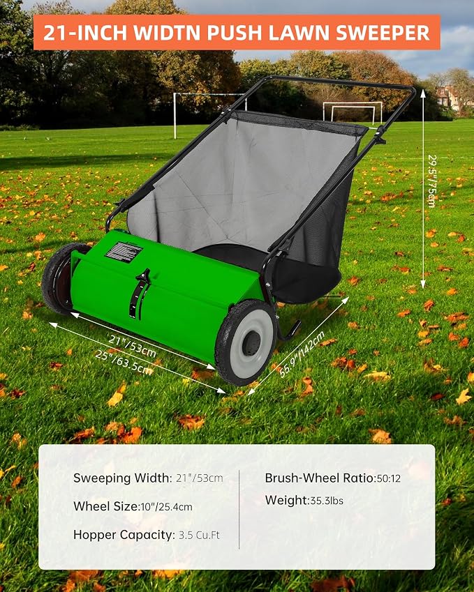 Push Lawn Sweeper for Leaves, 21" Width Heavy Duty Steel Frame Grass Catcher with 3.5 Cu. Ft. Hopper Bag & 4 Spinning Brushes for Yard and Garden Cleanup, Green