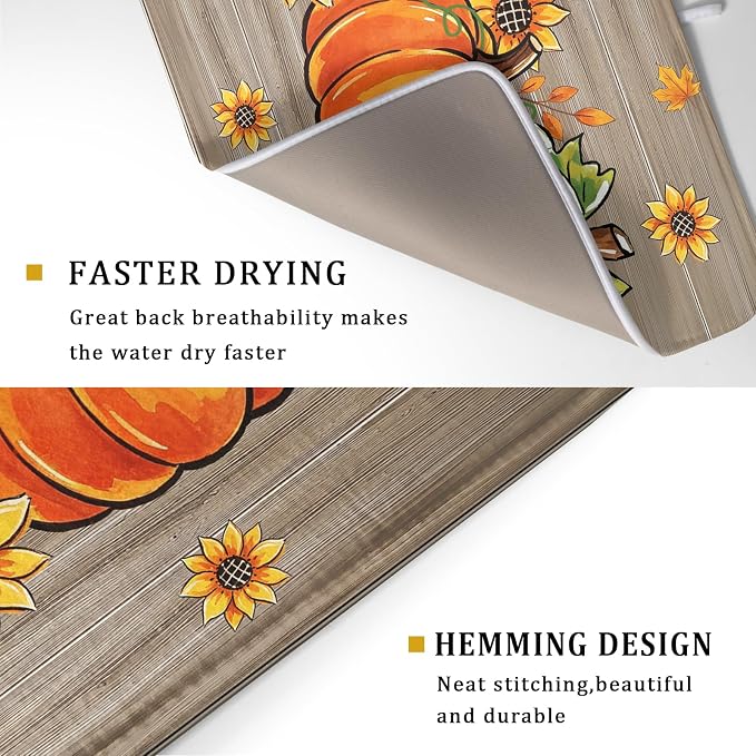 Fall Dish Drying Mat for Kitchen Counter Golden Pumpkin Microfiber Absorbent Dish Draining Reusable Washable Foldable Extra Large 18"x24"