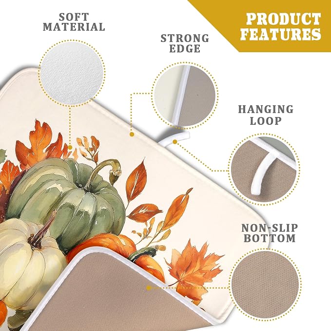 Giwawa Fall Pumpkin Dish Drying Mat Autumn Leaves Absorbent Dishes Pad 16x18 Inch Seasonal Microfiber Dish Drainer Rack Mat for Kitchen Countertop