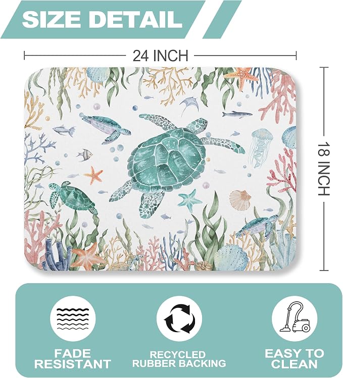 Sea Turtle Dish Drying Mat for Kitchen Counter Sink, Summer Beach Absorbent Microfiber Drying Pad, Reversible Waterproof Countertop Mat for Kitchen Decor