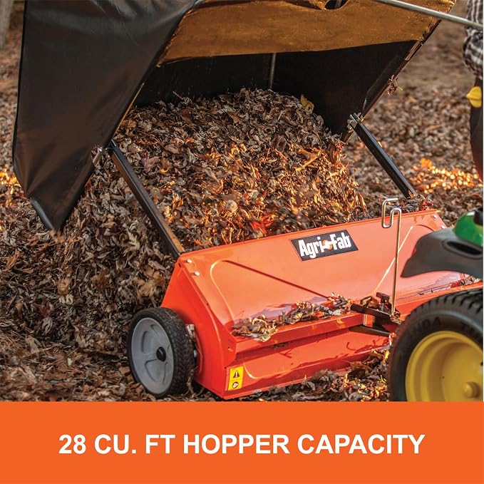 Agri-Fab 44 In Tow-Behind Lawn Sweeper with 28 Cu Ft Flow-Through Hopper Bag, Adjustable Brush Height, and Dump From Seat Handle