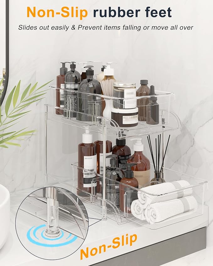 Sevenblue 2 Pack Under Sink Organizer with Sliding Drawers, Under Bathroom Cabinet Organizer with Hooks Hanging Cup, Multi-Purpose Storage Shelf for Kitchen Bathroom (Clear, 10.6 Inch)