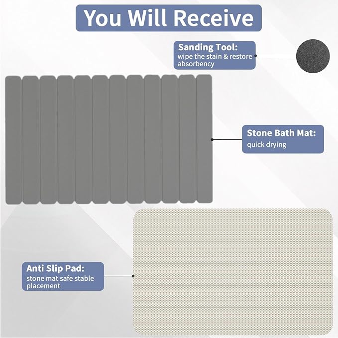 Large Stone Bath Mat 31.5 x 19.7in, Quick Dry Diatomaceous Earth Mats for Bathroom, Super Absorbent Foldable Bath Stone Mat, Non Slip, Dish Drying Mat for Kitchen Counter,Dark Gray