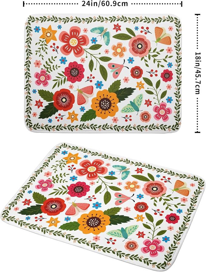 Colorful Boho Floral Dish Drying Mat 18x24 Inch Dishes Dry Pad Drainer Rack Mats Absorbent Hanging Loop Kitchen Counter Bar Accessories