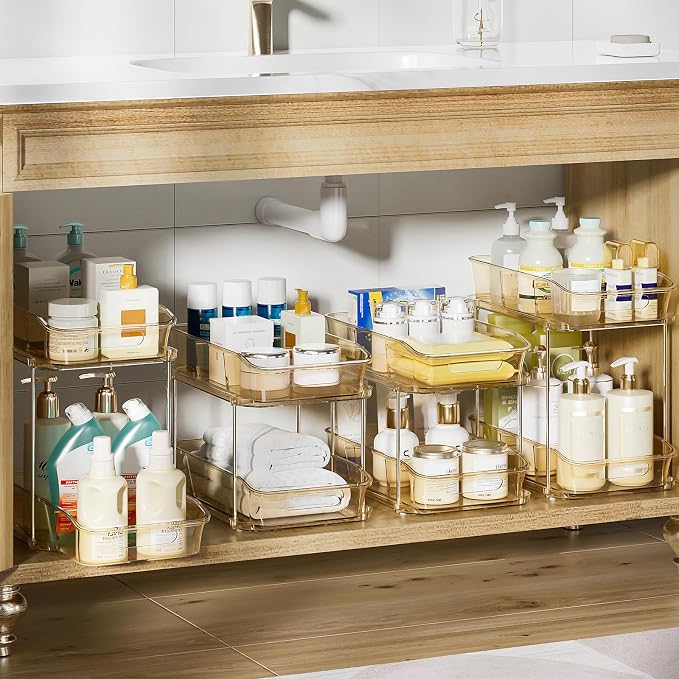 Delamu 2-Tier Under Sink Organizers and Storage, Multi-Purpose Stackable Bathroom Cabinet organizers, Pull Out Kitchen Pantry Organization and Storage with Dividers(4 Pack, Amber)
