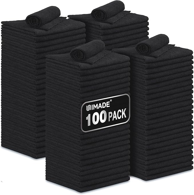 UNIMADE Microfiber Cleaning Cloth, 100 Pack Microfiber Towels for Cars Commercial Grade Work Rags Bulk Detailing Cloth for Automotive Bar Mechanic Restaurant Garage Housekeeping, 11.5"x 11.5", Black