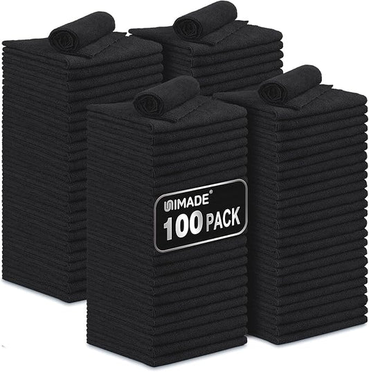 UNIMADE Microfiber Cleaning Cloth, 100 Pack Microfiber Towels for Cars Commercial Grade Work Rags Bulk Detailing Cloth for Automotive Bar Mechanic Restaurant Garage Housekeeping, 11.5"x 11.5", Black