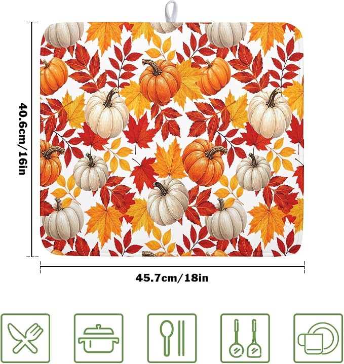 Fall Pumpkin Dish Drying Mat for Kitchen Counter 16x18 Inch Autumn Pumpkins Maple Leaves Drying Mats Thanksgiving Absorbent Reversible Dish Pad Fast Dry Drainer Mat Protector for Countertop Coffee Bar