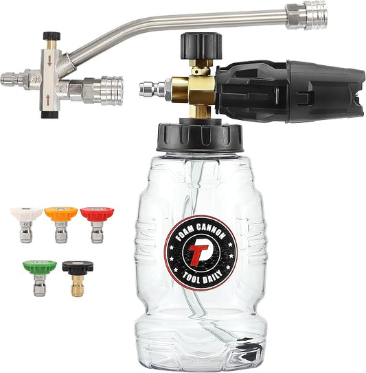 Tool Daily Pressure Washer Foam Cannon with Dual Connector, 1 Liter | Double Tip Attachment for Soap Cannon, 5 Power Washer Nozzle Tips, 1/4 Inch Quick Connect