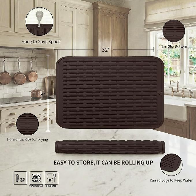 MicoYang Silicone Dish Drying Mat for Multiple Usage,Easy clean,Eco-friendly,Heat-resistant Silicone Mat for Kitchen Counter or Sink,Refrigerator or Drawer Liner Coffee 4XL 32 inches x 18 inches