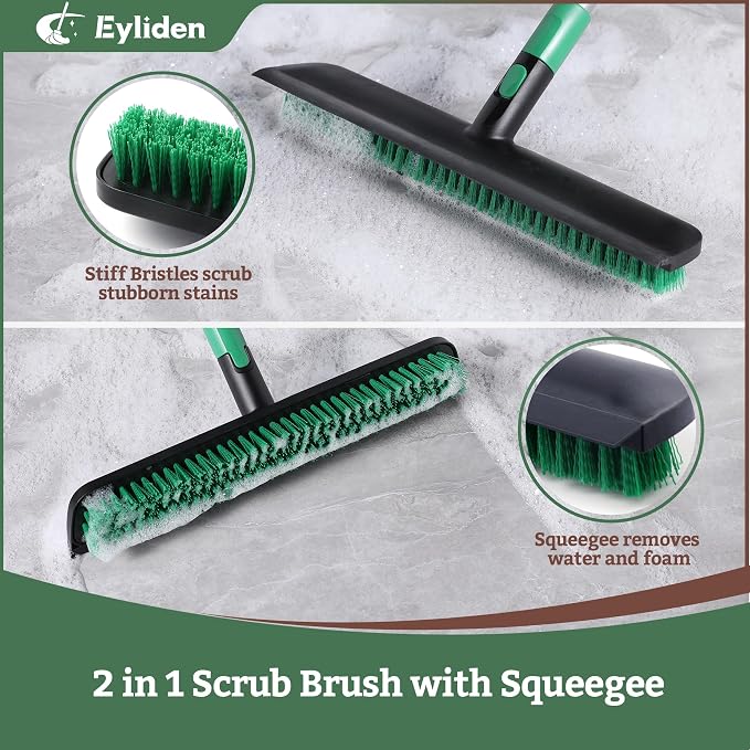 Eyliden Floor Scrub Brush, 15-inch Wide, 55" Long Handle, Deck Scrubber | 2-in-1 Stiff Bristles and Rubber Squeegee, 45° Angle Head, Telescoping Handle, for Bathroom Shower Kitchen Patio Garage