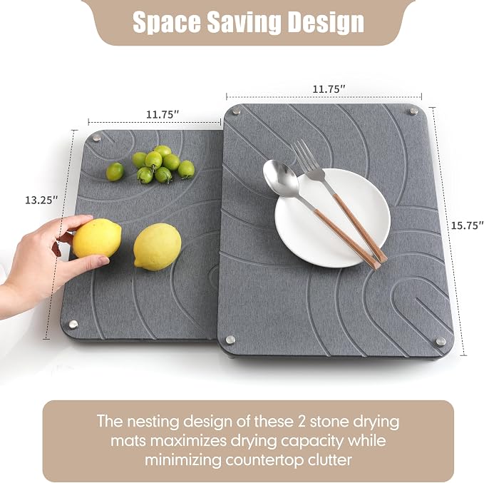 CZWL&HG 2 PCs Stone Dish Drying Mats for Kitchen Counter-Diatomaceous Dish Drying Mats Superb Absorbent with Non-Slip Stainless Steel Feet,Heat Resistant,15.7"(L)×11.8"(W)