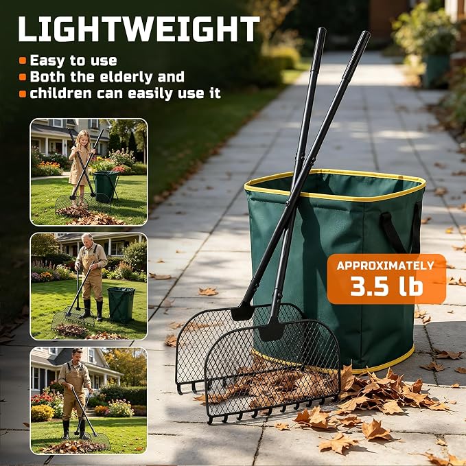 Leaf Grabber Rake, Lightweight Steel Leaf Picker Upper, Long Handle Leaf Scoop with Cushioned Grip, Multi-Use Garden Claw Tool for Lawn Yard Shrub Debris Cleanup