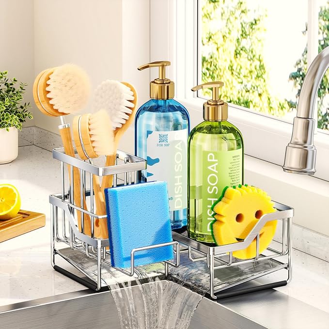 HapiRm Sponge Holder for Kitchen Sink - Rustproof L-Shaped Sink Caddy | Stainless Steel Kitchen Organizer for Sink Corner, Self-Draining 3-in-1 Dish Brush and Sponge Storage, Space-Saving - Silver