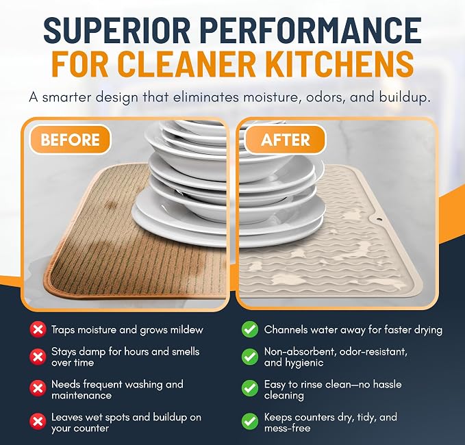 Silicone Dish Drying Mat for Kitchen Counter - Multi-Use 16 x 12 Inch Pad, Non-Slip & Heat-Resistant, Perfect Dish Drainer Mat by Linda’s Essentials, Ideal Kitchen Accessory (Beige)