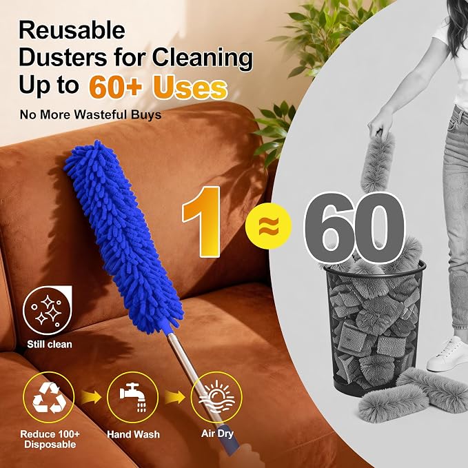 Tiumso Dusters for Cleaning,Microfiber Feather Duster 5-in-1 Kit, Duster with Extension Pole 100 Inches, Cobweb Duster, Microfiber Dusters for High Ceilings and Fans, Blinds and Cars