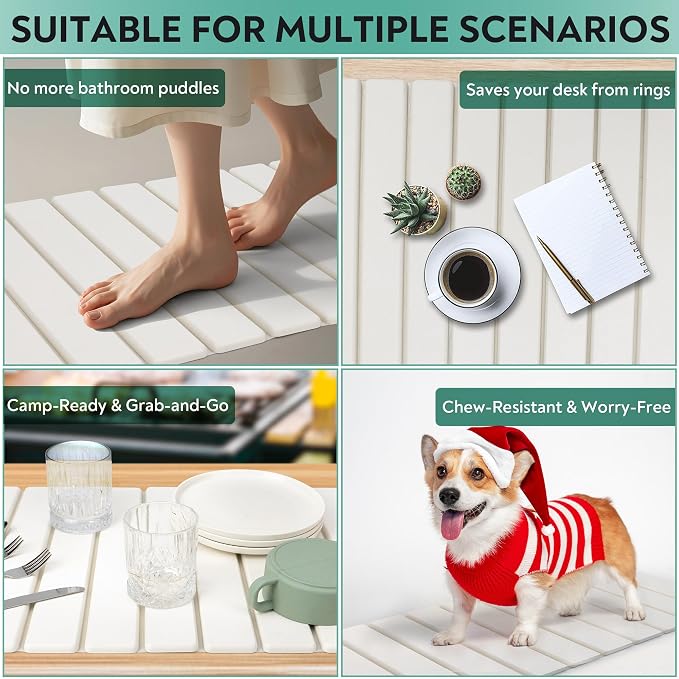 Stone Drying Mat for Kitchen Counter, Quick Diatomaceous Earth Mats for Dishes, Super Absorbent Fast Drying Collapsible Countertop Stone Mat , for Dishes Bottles Cups Bathroom ,24"(L)×16 (W)