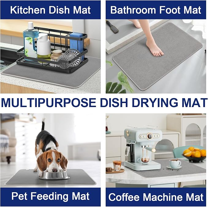 Large Dish Drying Mat 2 Pack, 23.8" x 17.3" Microfiber Ultra Absorbent Quick-Dry Dish Drying Mats for Kitchen Counter, Dish Rack Mat & Drying Pad for Countertops & Sinks, Machine Washable, Gray