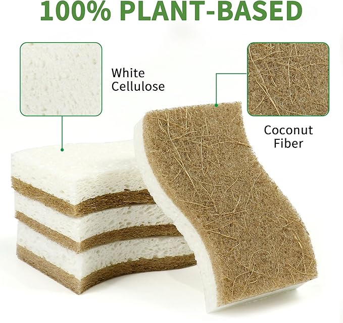 16 Pack Biodegradable Natural Kitchen Sponge - Compostable Cellulose and Coconut Walnut Scrubber Sponge - Eco Friendly Sustainable Sponges for Dishes