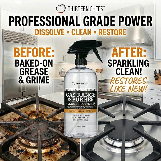 Thirteen Chefs Gas Range Cleaner and Degreaser - Stove Grates, Grills, Oven Glass and Door - Cuts Through Baked on Food (16oz)