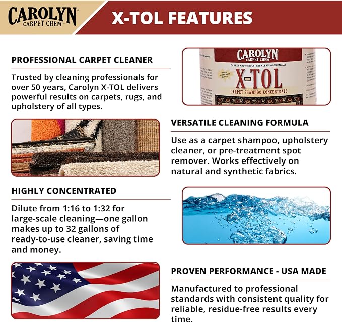 Carolyn X-TOL Carpet Shampoo Concentrate – 1 Gallon | Professional Carpet, Rug & Upholstery Cleaner | Deep Cleaning Formula for Wool, Oriental Rugs & Fabric Furniture | Made in USA