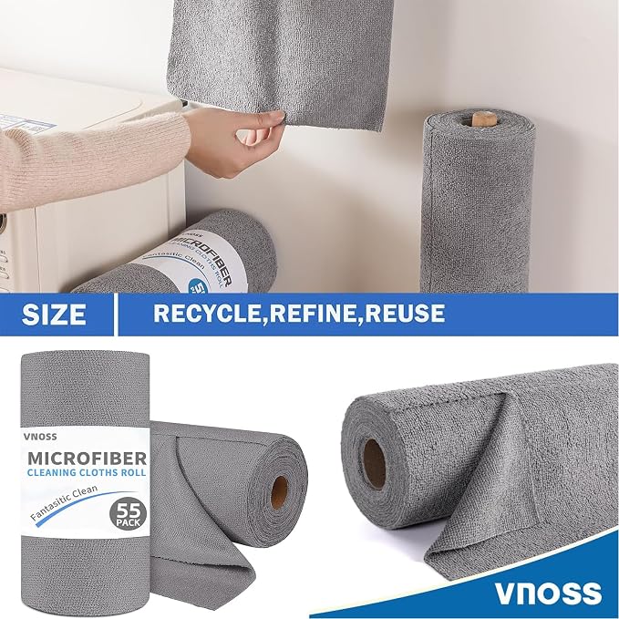 55 Pack Microfiber Cleaning Cloth Roll, Tear Away Reusable Towels, 11" X 9", Ultra Absorbent & Lint Free Cloth for Cars, Kitchen, Window, Home and Shop, Grey